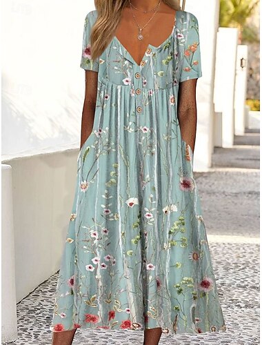  Femmes Robe Midi Robe d'été Robe Plissée Vacances Occasionnel Chaussures de plage Fête Coupe Ample Fleuri Graphique Manche Courte Col ras du cou Bleu Vert Gris Été