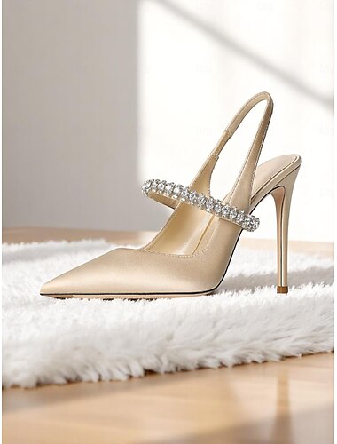  Champagnerfarbene Slingback-Pumps aus Satin für Damen mit Strass – elegante Stilettos mit spitzer Spitze für Cocktailpartys und formelle Anlässe