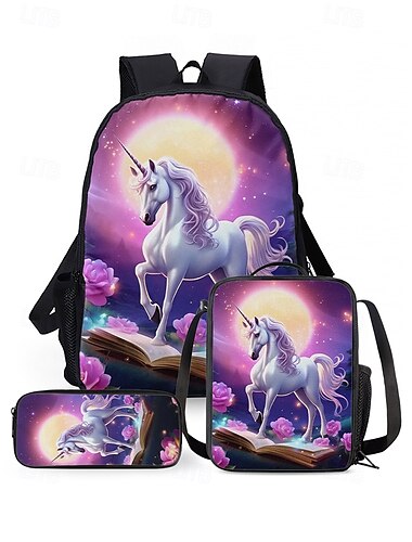  3-teiliges Einhorn-Rucksack-Set für Mädchen – Schulranzen mit Galaxie-Print, Lunchtasche, Umhängetasche und Federmäppchen für Grundschüler und den Schulanfang