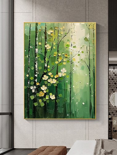  handgemachtes original grünes Waldölgemälde auf Leinwand abstrakte Baumlandschaft Wandkunst für Wohndekoration mit gespanntem Rahmen ohne Innenrahmen Gemälde