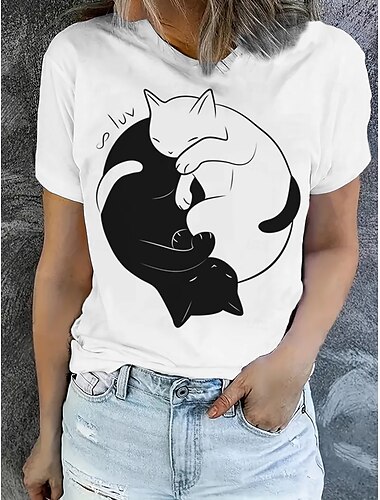  Mujer Camiseta Tops de verano Graphic Gato Clásico Casual Manga Corta Cuello Barco Tops cortos Diario Fin de semana Estampado Blanco / Negro Verano Primavera Otoño