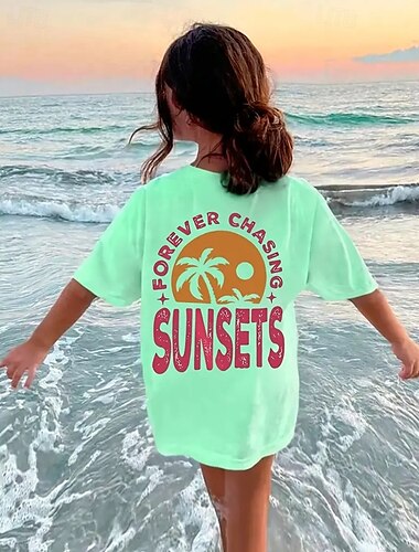  Para Meninas 3D Coqueiro Letra Camisa Camiseta Manga Curta Verão Primavera Moda Básico Infantil 4-12 anos Gola Redonda Ao ar livre Casual Diário Normal
