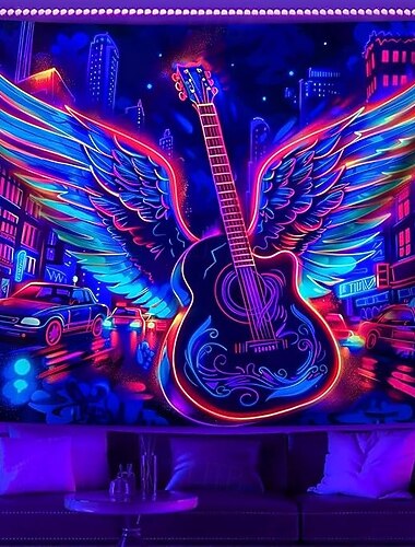  Tapestry czernione światło świecące w ciemności Glow Party UV Reaktywna Cyber Gitara Trippy Misty Nowoczesny widok miasta wiszący gobelin mural na ścianę do salonu sypialni