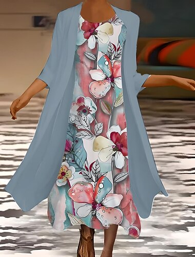  Damen Kleid-Set Sommerkleid Urlaub Lässig Ombre Blumen Druck Maxikleid Dreiviertelarm Rundhalsausschnitt Hochzeitsgast Geburtstag Weiß Blau Purpur Sommer Frühling Normale Passform