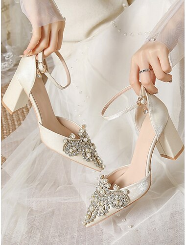  Damen-Hochzeitspumps mit Perlen- und Strassverzierung und Blockabsatz – spitze Satin-Brautschuhe für elegante Bräute