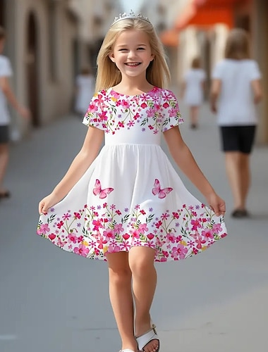  Flickor 3D Blommig Fjäril Klänning Kortärmad Sommar Vår Semester Dagligen Helgdag Prinsessa Skön Ljuv Barn 4-12 år Vardagsklänning A linjeklänning Knälång Normal