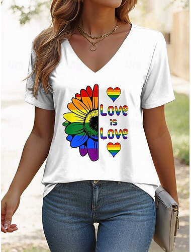  חולצת טי לנשים של מצעד הגאווה LGBT גאווה קשת גרפית אותיות וינטג' אלגנטית קלאסית עם שרוולים קצרים צוואר V רגיל טופים להדפס יומי לבן ירוק קיץ