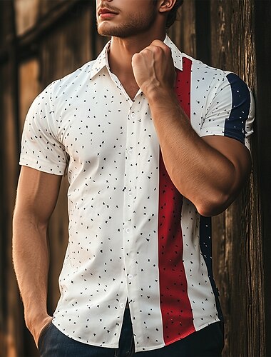  Bastille Day Men's Polka Dot Patriotic French Flag Shirt Guayabera Shirt Button Up Shirt Short Sleeve Fashion Casual Holiday Summer Spring Turndown 3D Print Collared Shirts White