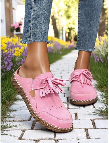  Damen-Mokassin-Pantoletten mit weicher Sohle – rosa Slipper mit Fransendetails, leichtes Slip-On-Design mit Aussparungen, perfekt für Gartenspaziergänge und Freizeitausflüge