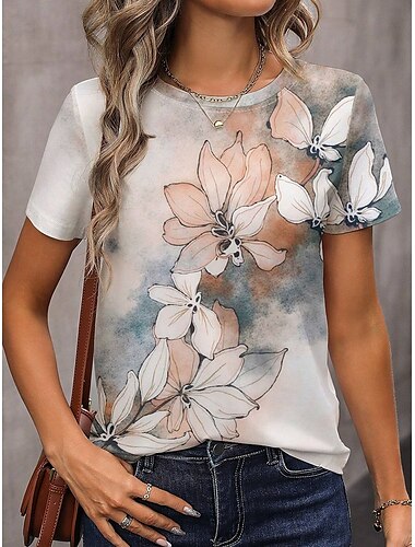  Damen T Shirt Blumen Grafik Vintage Klassisch Lässig Kurzarm Rundhalsausschnitt Normale Oberteile Täglich Wochenende Druck Gelb Blau Purpur Grün Grau Sommer