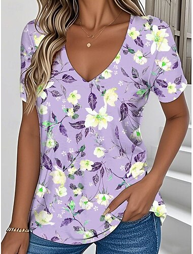  Dames T-shirt Bloemig Grafisch Vintage Stijlvol Klassiek Korte mouw V-hals Normale tops Dagelijks Afdrukken blauw Paars Groen Zomer Lente