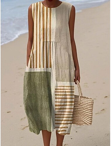  Damen Midikleid Sommerkleid A Linie Kleid Urlaub Lässig Boho Ausgehen Blumen Grafik Ärmellos Rundhalsausschnitt Weiß Blau Grün Khaki Sommer Frühling