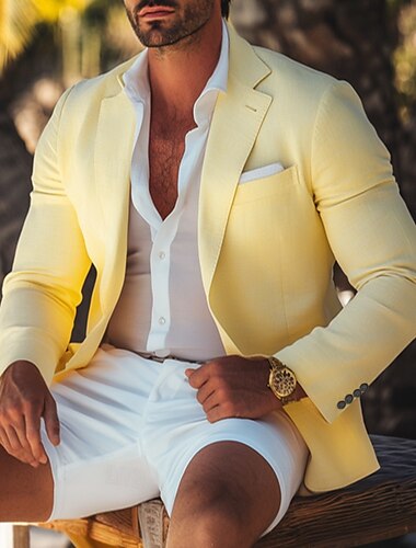  Voor heren Linnen blazer Sportjas Modieus Casual Effen Blazer Geel Blozend Roze Hemelsblauw Standaard pasvorm Single Breasted een knoops