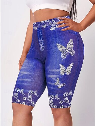  Damen Leggings Shorts 3D Druck Chinos Urlaub Vintage Ethno-Stil Knielang Hohe Taille Schmetterling Bequem Weich Komfortabel Dehnbar Outdoor Straße Schwarz Wein Marineblau Lila Sommer Slim Fit