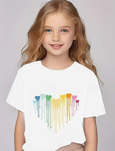  Mädchen 3D Herz T-Shirt Kurzarm Sommer Frühling Mode Basic Kinder 4-12 Jahre Rundhalsausschnitt Outdoor Lässig Täglich Normale Passform