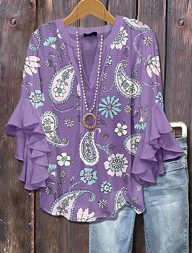  Damen T Shirt T-Shirt Blumen Grafik Mode Modern Halbarm V Ausschnitt Normale Oberteile Täglich Ausgehen Rüsche Druck Rote Blau Purpur Sommer Frühling