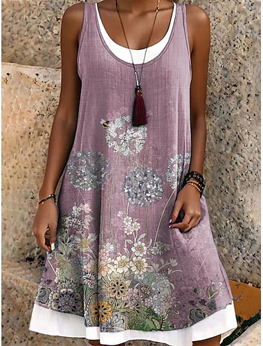  Dames Mini-jurk T shirt jurk Zonnejurk A lijn jurk Vakantie Casual Boho Ruim Passend Bloemig Grafisch Mouwloos U-hals Ronde hals Licht Paars Zomer Lente
