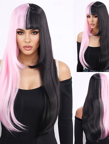  Perucas sintéticas Trama Curly Reta natural Corte em Camadas Com Franjas Fabrico à Máquina Peruca 26 polegadas A1 Cabelo Sintético Mulheres Clássico Confortável Cores Gradiente Rosa Preta