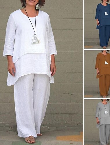  Femmes Mode Streetwear Ensembles en coton et lin Ensembles de Pantalons Manche 3/4 Col ras du cou Uni Tenue quotidienne Date Blanche bleu marine Marron Été Coupe régulière