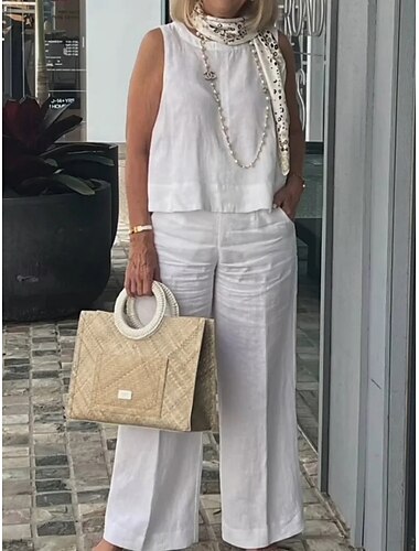  Femmes Actif Basique Ensembles en coton et lin Sans manches Col ras du cou Couleur Unie Décontracté Quotidien Noir Blanche Jaune Été Coupe régulière