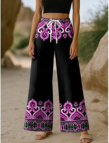  Damen Weites Bein Chinos Baggy-Hosen Urlaub Vintage Ethno-Stil Volle Länge Hohe Taille Grafik Geometrisch Drucken Thermowarm Atmungsaktiv Weich Mikroelastisch Urlaub Lässig Täglich Violett Rubinrot