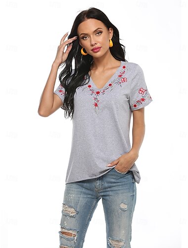  Thanksgiving Day Women's Cotton Shirt Plain Bohemia Stylish Basic Short Sleeve Puff Sleeve V Neck Regular Tops Daily Sports Going out Gray Summer