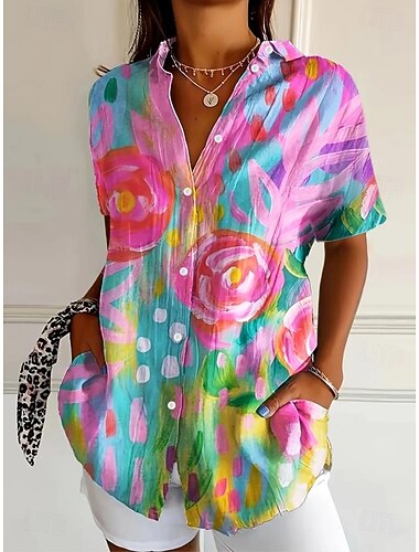  Női Póló Rövid Ujjú Gombos Blúz Virágos Grafikus Aktív Napi Stílusos Póló Gallér Normál Felsők Napi Fehér Piros Fuxia Nyár Tavasz