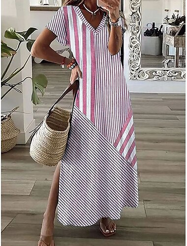  Damen Maxikleid A Linie Kleid Sommerkleid Urlaub Lässig Täglich Normale Passform Grafik Gestreift Kurzarm V Ausschnitt Rosa Blau Grau Sommer