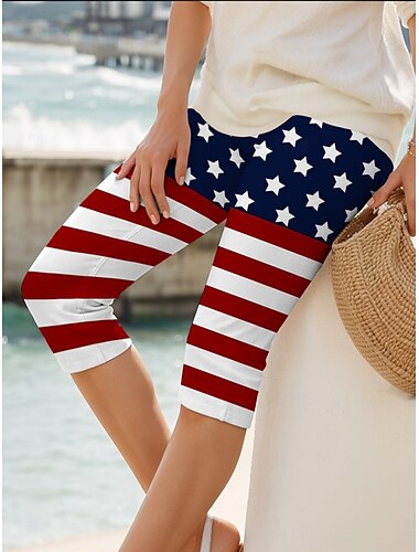  Unabhängigkeitstag Patriottische Vierter Juli Capri-Hosen Damen Patriottische Vierter Juli Leggings Urlaub Vintage Wadenlang Hochbundhose Grafik Flaggen-Druck Atmungsaktiv Weich Dehnbar