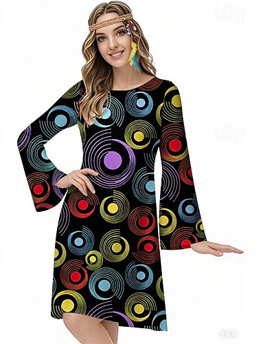  Retro Vintage 1970er Groovy Kleid Stirnband Hippie Disco Psychedelisch Damen Halloween Karneval Urlaub Musikfestival Festival Erwachsene Kleid Stirnband