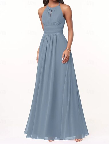  A-Linie Brautjungfernkleid Neckholder ärmellos elegant bodenlang Chiffon mit Falten / Rüschen 2025