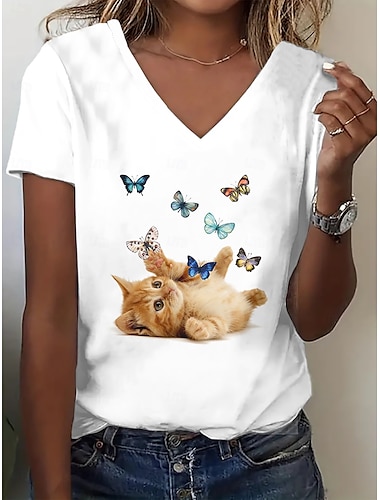  Femmes T-shirt Hauts d'été Chat Papillon Classique Occasionnel Manche Courte Col en V Hauts courts Quotidien Week-end Imprimé Arc-en-ciel Été Printemps Automne