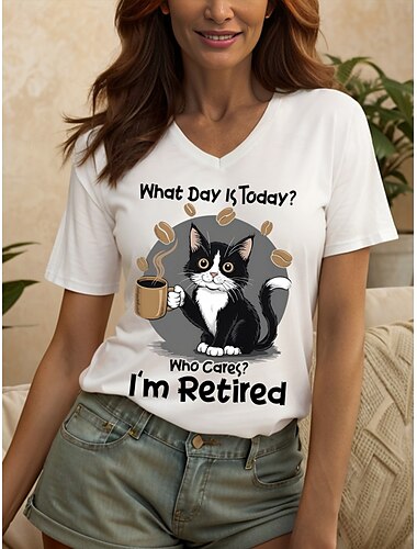  Per donna Maglietta Grafico Animale Gatto Vintage Elegante Classico Manica Corta Scollo a V Top Regolari Quotidiano Stampato Nero Bianco Rosso Blu Viola Estate Primavera