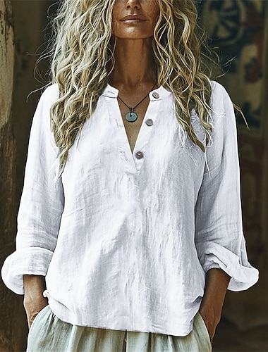  Damen Hemd Baumwoll-Leinen-Hemd Henley Hemd Kunstbaumwollleinen Knöpfe Einfach Täglich Stilvoll Lässig Langarm V Ausschnitt Normale Oberteile Täglich Arbeit Ferien Blau Weiß Beige Frühling Herbst