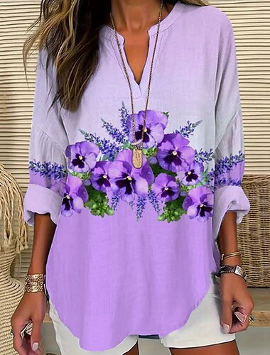  Damen Hemd Blume Täglich Stilvoll Basic Langarm V Ausschnitt Normale Oberteile Täglich Ferien Druck Weiß Lavendel Purpur Frühling Herbst