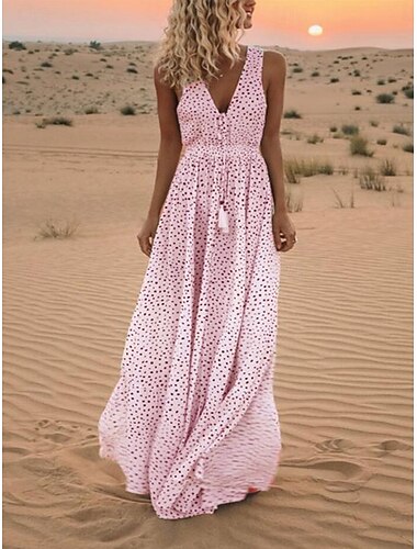  Women's Maxi Dress A Line Dress Slip Dress Casual Outdoor Going out Regular Fit Polka Dot Sleeveless Spaghetti Strap Light Blue White Pink Beige Summer