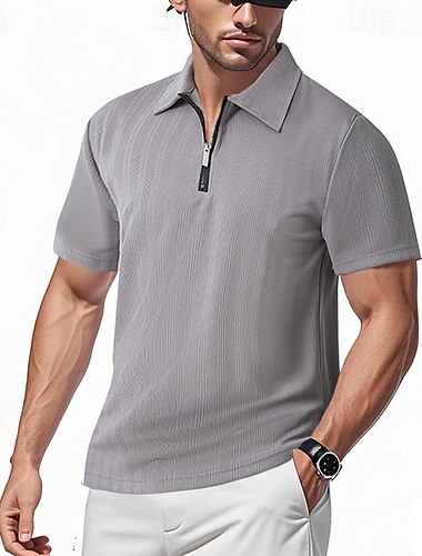  Men's Zip Polo Golf Shirt Casual Holiday Lapel Quarter Zip Short Sleeve Fashion Basic Plain Jacquard Quarter Zip Summer Regular Fit Light Blue Black White Gray Zip Polo