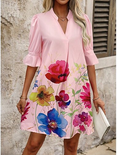  Women's Mini Dress A Line Dress Vacation Casual Boho Outdoor Going out Beach Standard Fit Floral Graphic Short Sleeve V Neck White Yellow Pink Blue Summer Spring