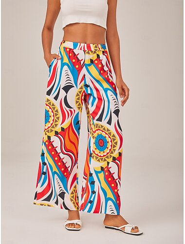 Per donna Femminile Gamba larga Lunghezza intera Raso Bohemien Vacanza Casuale Arcobaleno Estate XS S M