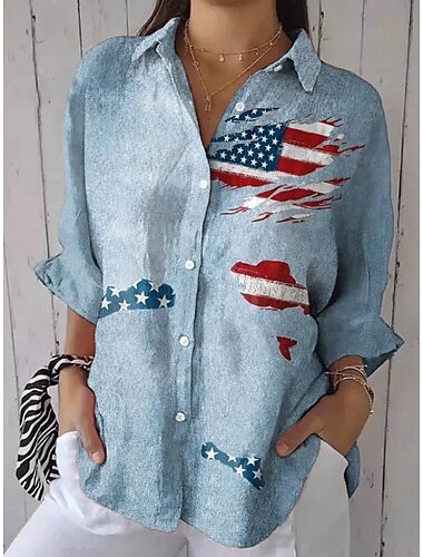  Jour de l'Indépendance Américaine Femmes Chemise Graphique Drapeau ancien Quotidien Élégant manche longue Col de chemise Hauts Réguliers Travail Quotidien Boutons Imprimé Blanche Rouge Bleu Ét