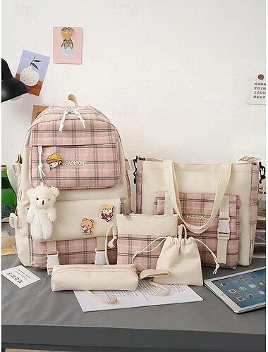  Girls 5-piece school backpack set with messenger bag, Pencil bag, Coin purse - Cute patchwork plaid design, Lightweight and durable, Suitable for teenagers and daily use