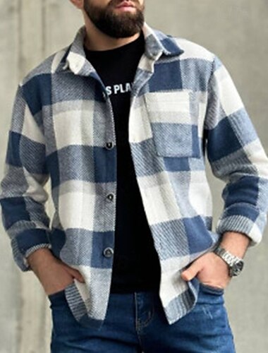  Herren Hemdjacke Winterjacken Shacket Karo Urlaub Alltagskleidung Schwarz Blau Kaffee Langarm Revers Winter Herbst Bekleidung Tasche