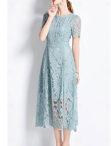  Dress Mother of the Bride Dress Elegant Crew Neck Tea Length Lace Short Sleeve with Lace