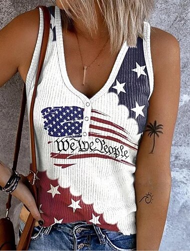  Женская патриотическая майка с графикой флага винтажная тропическая стильная безрукавка с V-образным вырезом обычные топы повседневный принт деним синий черный белый красный синий летний весенний