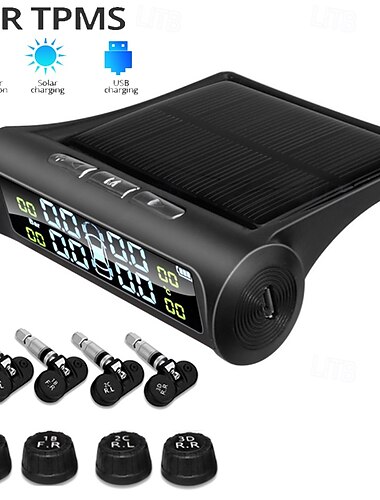  Solar TPMS-bandenspanningscontrolesysteem voor auto's - draadloos display met temperatuur- en drukalarm, USB-oplaadfunctie, 4 sensoren