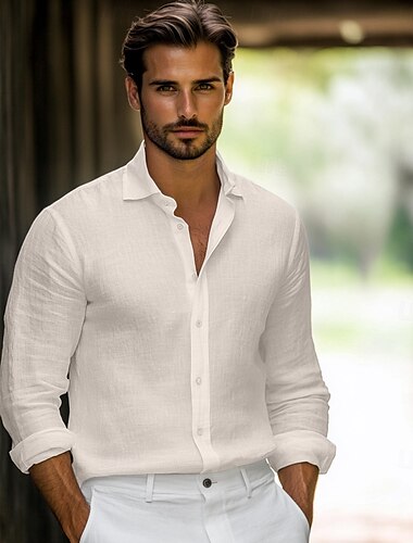  Herrenhemd Leinenhemd klassisch lässig Strandhemd Standard Fit Langarm Revers einfarbig Baumwolle Leinen weiß beige grau