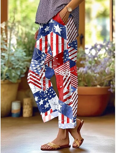 Unabhängigkeitstag Damen Patriotisches Vierteljuli Skinny Vintage Mode Lässig Volllänge Hoch geschnittene Hose Grafik Flagge Druck Atmungsaktiv Weich Mikro-elastisch Outdoor Urlaub Täglich