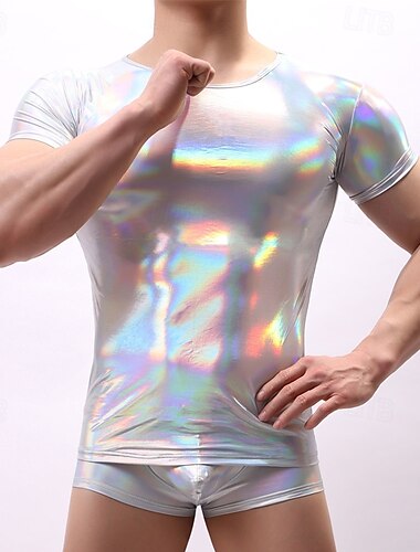  Rétro Vintage Années 1980 T-shirt Disco Latex brillant verni Métallique Col rond Homme Halloween Carnaval Festival de Musique Défilé de la Fierté Club gay Adulte T-shirt Été