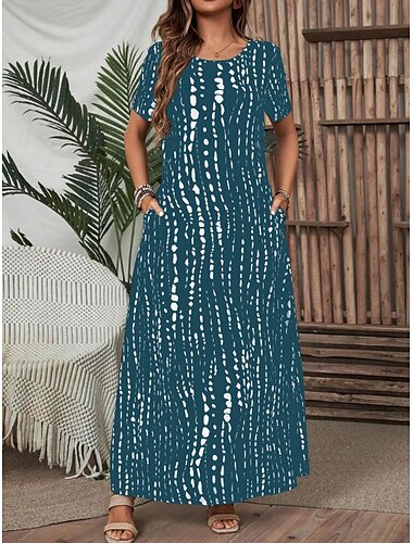  Damen Maxikleid Freizeitkleid Urlaub Stilvoll Lässig Normale Passform Geometrisch Kurzarm Rundhalsausschnitt Schwarz Marineblau Braun Dunkelblau Sommer
