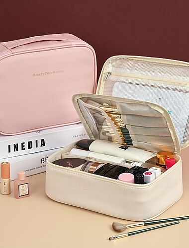  trousse de maquillage amovible de grande capacité, au toucher haut de gamme et multifonctionnelle pour le rangement des cosmétiques et des articles de toilette